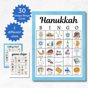 Cartes de bingo de Hanoucca, jeux imprimables de fête de Hanoucca, activité de groupe de famille de Hanoucca pour enfants, adolescents et adultes, pages complètes et demi