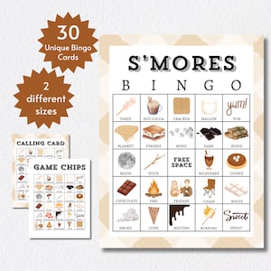 Cartões de bingo S'mores, jogo de acampamento para impressão para crianças, adolescentes e adultos, atividade na fogueira
