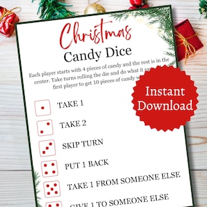 Christmas Candy Dice Game, Printable Holiday Activity for All Ages, Christmas Party Game