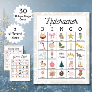 Cartões de bingo quebra-nozes, jogo de festa de Natal para impressão, atividade de balé de Natal para crianças, adolescentes e adultos