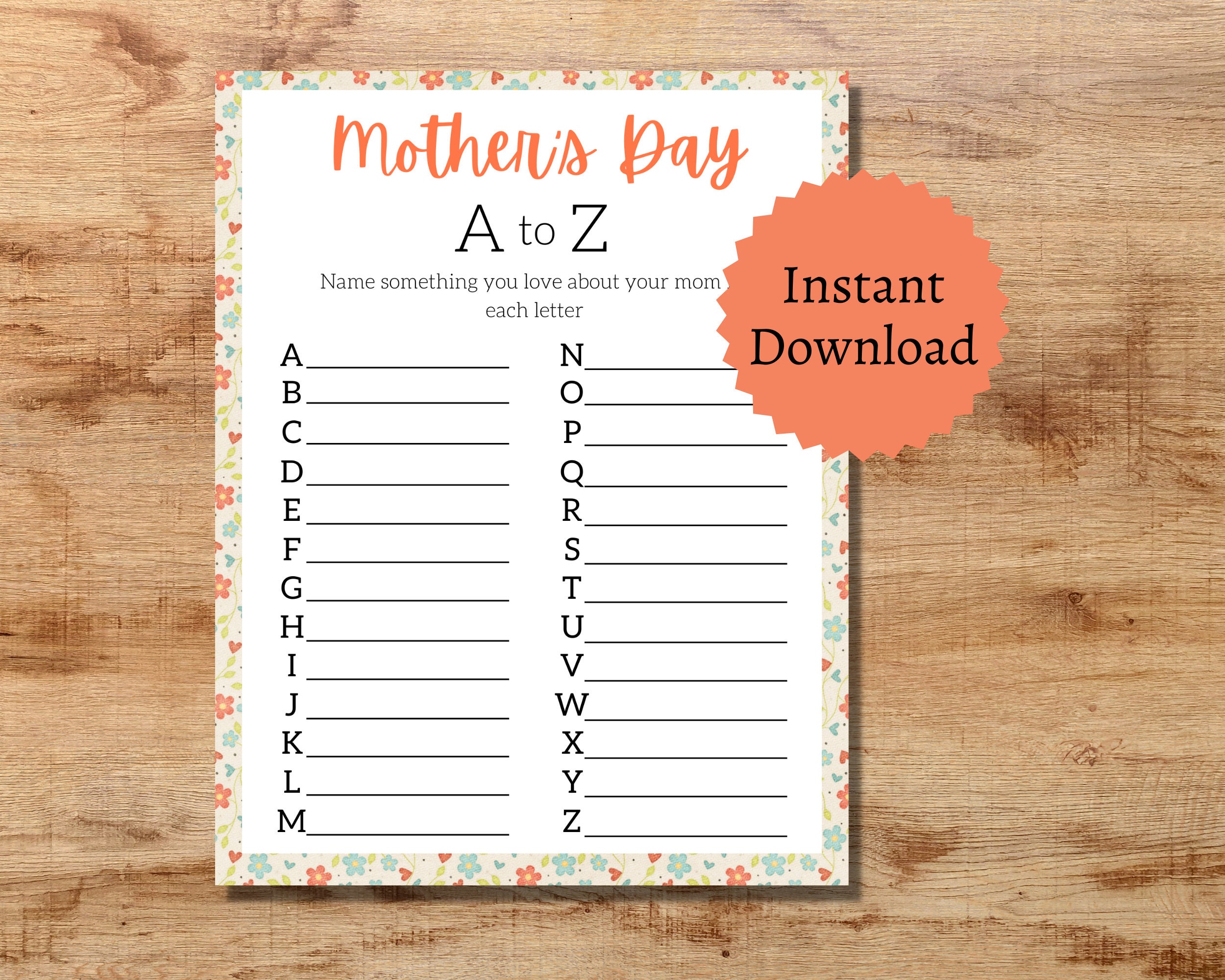 Mother's Day A to Z Activity, Mom-themed Trivia Page, Mother's Day Party Game for Kids, Teens, and Adults