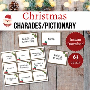 Tarjetas de charadas navideñas, juego imprimible para fiestas navideñas para todas las edades, actividad grupal de Pictionary