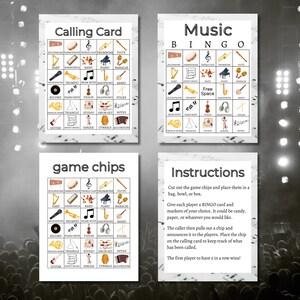 May include: A printable music bingo game with a calling card, game chips, and instructions. The game features musical instruments such as a guitar, piano, trumpet, and drums.