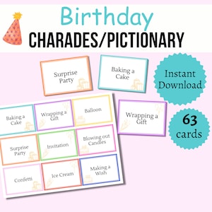 Birthday Charades, Printable Birthday Party Pictionary Cards, Birthday Games for Kids, Teens and Adults