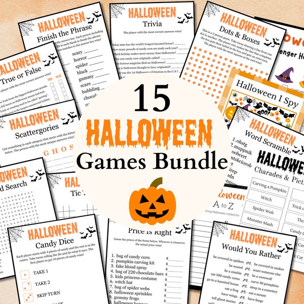 Paquete de juegos de Halloween, Juegos de Halloween imprimibles, Juegos de fiesta de Halloween, Juegos de Halloween para niños, Juegos de Halloween para adultos