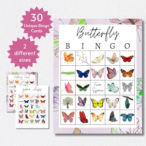 Cartões de bingo borboleta, jogo de festa de aniversário para crianças, atividade de insetos, inclui páginas inteiras e meias