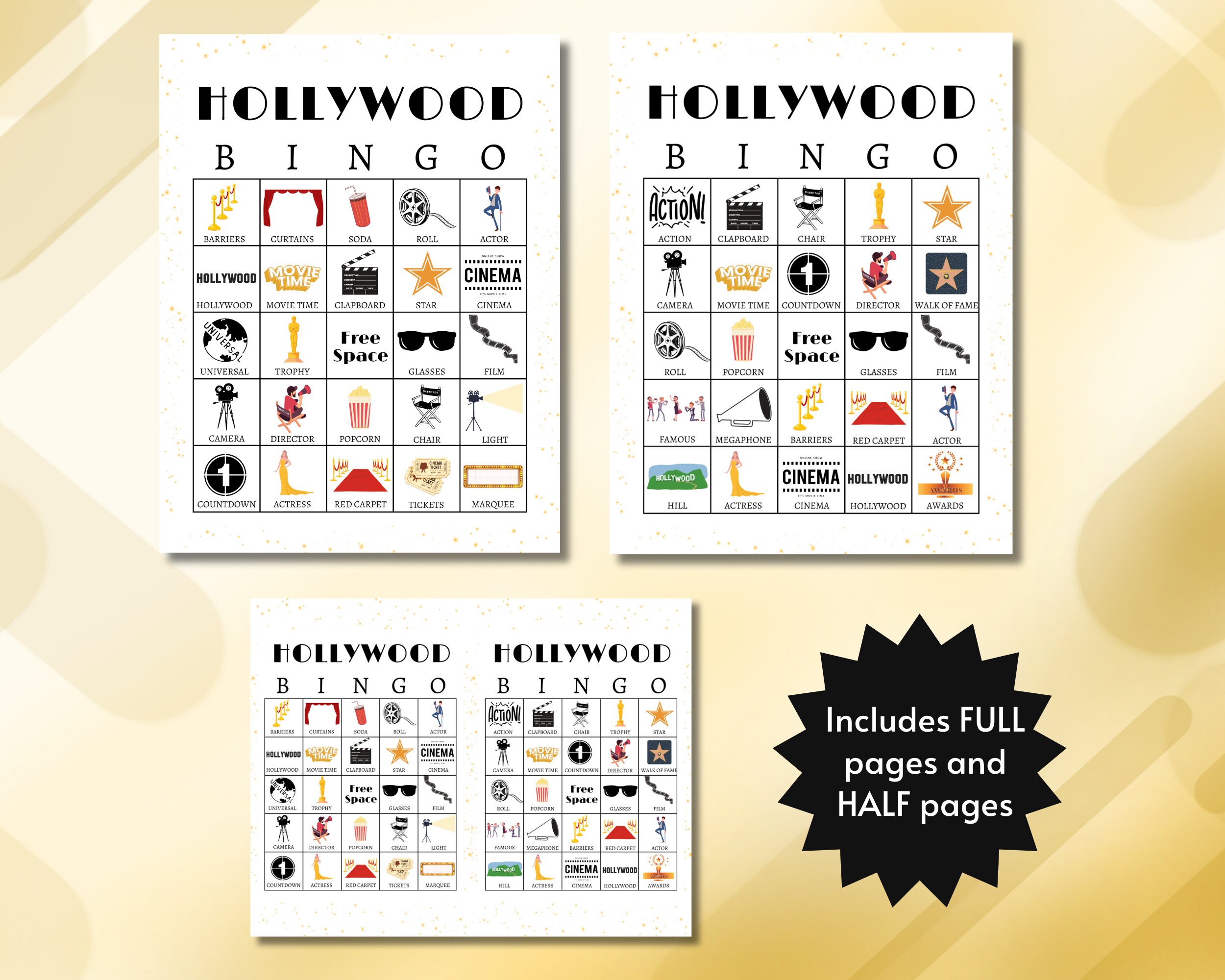 Hollywood Bingo Cards, Printable Movie Night Party Game, Includes Full ...
