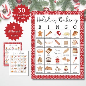 Bakbingokaarten voor de feestdagen, kerstfeestspel voor kinderen, tieners en volwassenen, afdrukbare groepskookactiviteit december, volledige en halve pagina's