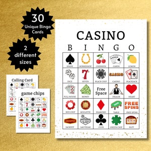 カジノビンゴカード、子供、ティーン、大人向けの印刷可能なラスベガスパーティーゲーム、フルページとハーフページ、ギャンブルアクティビティ付き