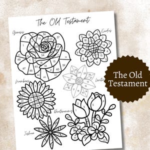 May include: A black and white coloring page featuring floral designs with numbers and the text "The Old Testament." The page includes the names of books of the Bible such as Genesis, Exodus, and Numbers.