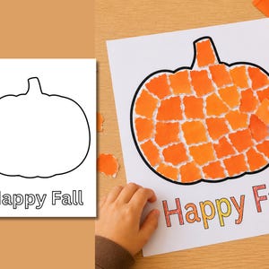 May include: A craft activity sheet featuring a black outline of a pumpkin and the text Happy Fall. One version is blank, while the other shows a pumpkin filled with orange paper squares and the text Happy Fall colored in orange and yellow.