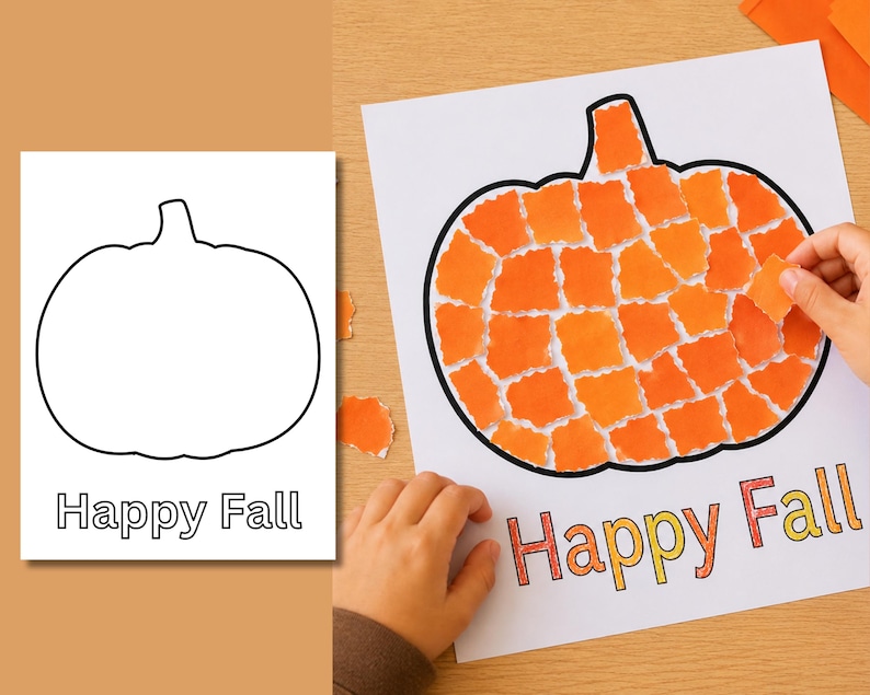 May include: A craft activity sheet featuring a black outline of a pumpkin and the text Happy Fall. One version is blank, while the other shows a pumpkin filled with orange paper squares and the text Happy Fall colored in orange and yellow.