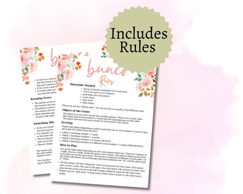 spring-bunco-cards-printable-floral-bunco-sheets-with-table-markers-etsy