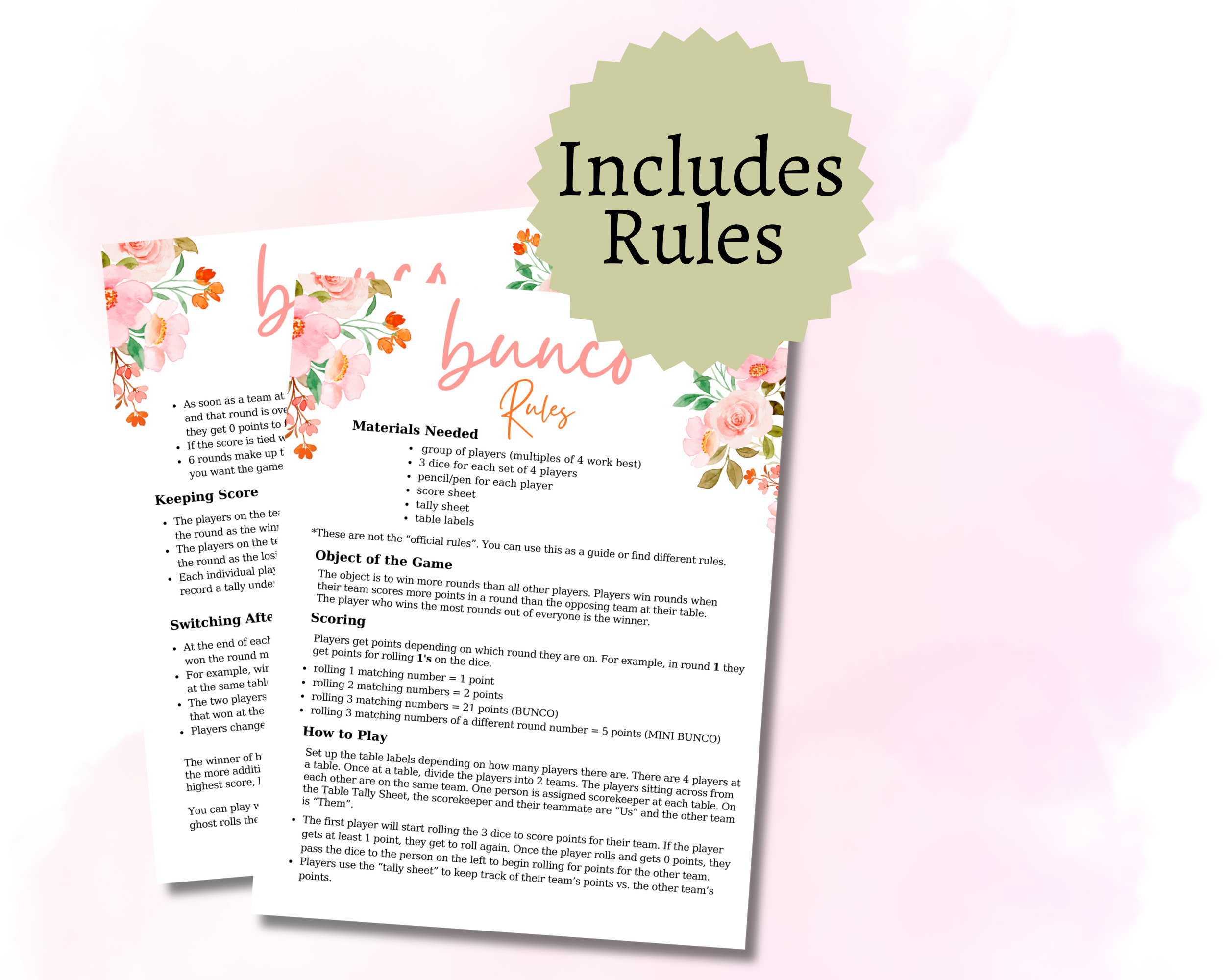 Spring Bunco Cards, Printable Floral Bunco Sheets, Includes Score Cards ...