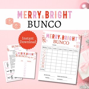 Pacote de cartões de Natal Bunco, jogo de festa de fim de ano rosa para grupos grandes, atividade de Bunco alegre e brilhante para imprimir