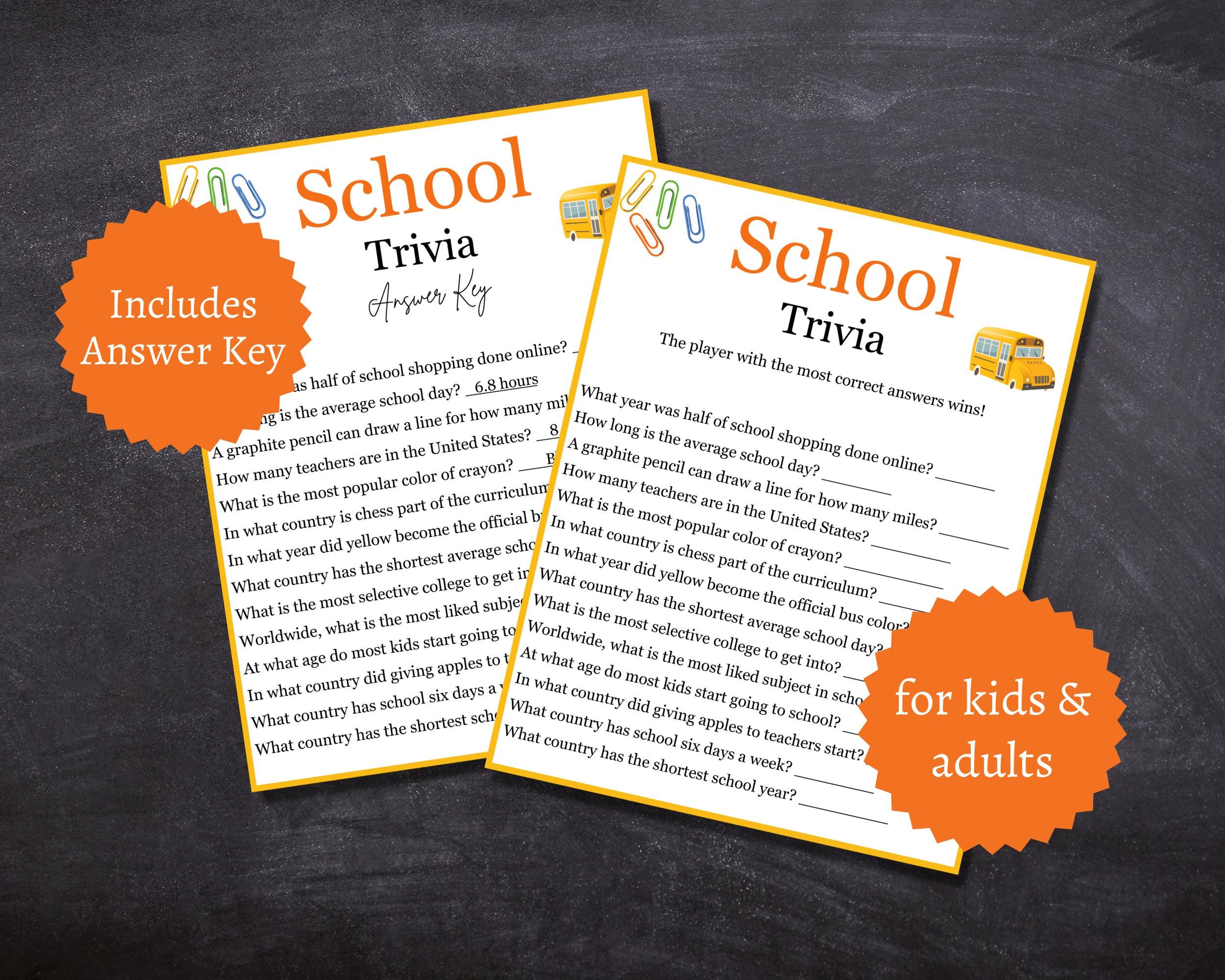 Basic School Trivia School-themed Trivia Game, Printable Classroom Activity for Kids and ...