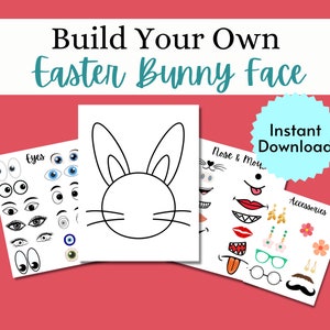 May include: Printable Easter bunny face craft activity with a black and white outline of a bunny face, and separate sheets of eyes, noses and mouths, and accessories to cut out and glue on.