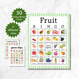 Obst Bingokarten, druckbare Obst-Lernaktivität für Kinder, Partyspiel unter dem Motto Obst, enthält ganze und halbe Seiten