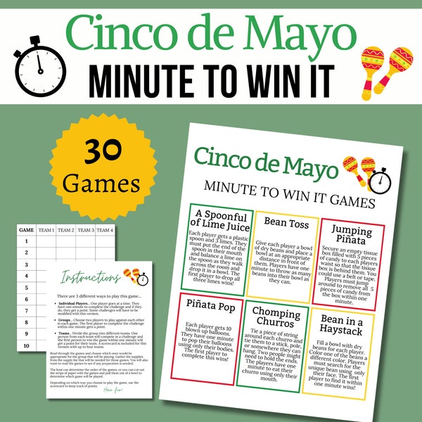 Cinco de Mayo Minute to Win it, Printable May 5th Party Games for Kids, Teens, and Adults