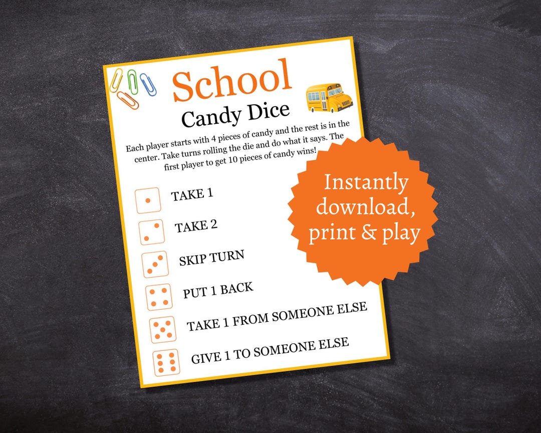 School Candy Dice Game, Printable Back to School Party Game, Classroom ...