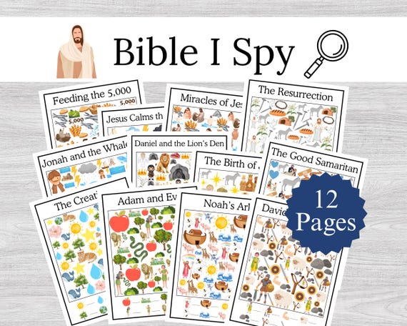 Bible I Spy Pages, Printable Bible Stories Game for Kids, Old and New Testament Activity