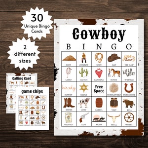 Cartes de bingo cow-boy, jeu de fête imprimable sur le Far West pour enfants, adolescents et adultes, activité d'anniversaire sur le thème des cow-boys