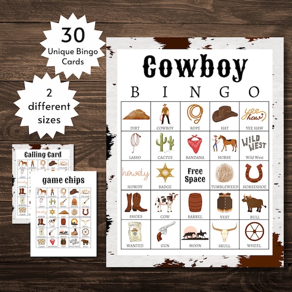 Cowboy Bingo Cards, Printable Wild West Party Game, Cowboy Themed Birthday Activity