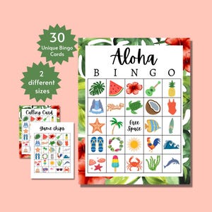 Aloha Bingo Cards, Summer Luau Party Game for Kids, Teens, and Adults, Printable Hawaiian-Themed Party Activity, Full and Half Pages