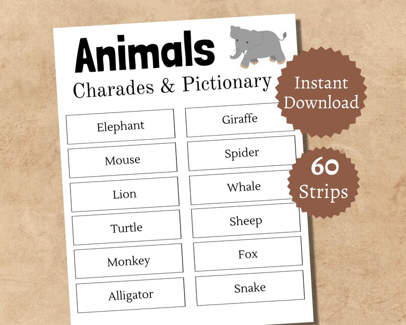 Animal Charades Game, Printable Animal Party Game, Animals Pictionary