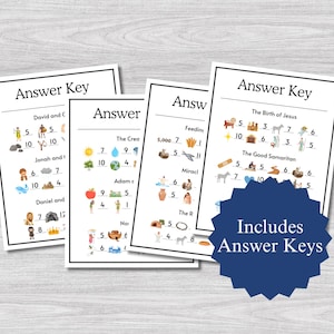 May include: Four white cards with the text "Answer Key" and illustrations. The cards have various images and numbers. A navy blue starburst graphic with the text "Includes Answer Keys" is in the foreground.