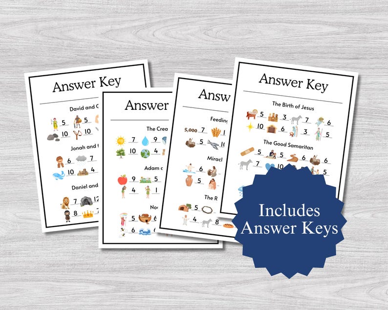 May include: Four white cards with the text "Answer Key" and illustrations. The cards have various images and numbers. A navy blue starburst graphic with the text "Includes Answer Keys" is in the foreground.