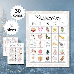 Notenkrakerbingokaarten, afdrukbaar feestspel, kerstballetactiviteit voor kinderen, tieners en volwassenen