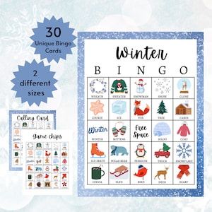 May include: A winter bingo game set with 30 unique cards in two sizes. The main card displays winter images and words. Includes a calling card and game chips. The word "Winter" is at the top.
