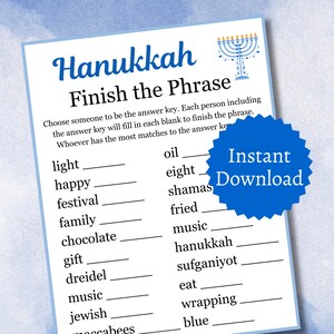 Hanukkah Finish The Phrase Game, Printable Hanukkah Party Game for Kids, Teens, and Adults