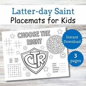 Könnte beinhalten: Ein Latter-day Saint Platzset für Kinder mit dem Text "Choose the Right" und einem CTR-Schild. Das Schwarz-Weiß-Design umfasst ein Labyrinth, Tic-Tac-Toe, eine Wortsuche und andere Aktivitäten. Das Platzset ist ein Sofort-Download mit 3 Seiten.