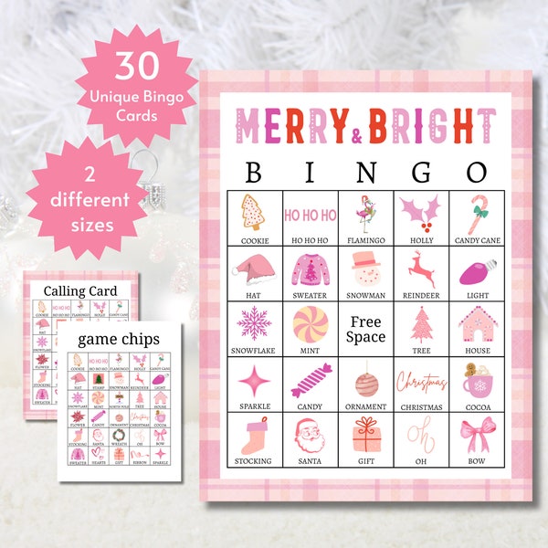 Pink Christmas Party Game, Printable Holiday Bingo Cards, Merry and Bright Games