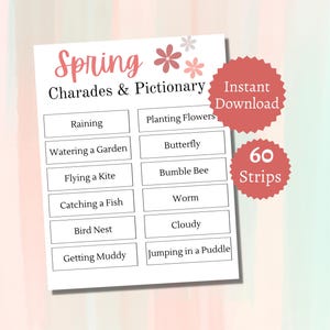 Spring Charades and Pictionary Cards, Printable Springtime Party Game for Kids, Teens, and Adults