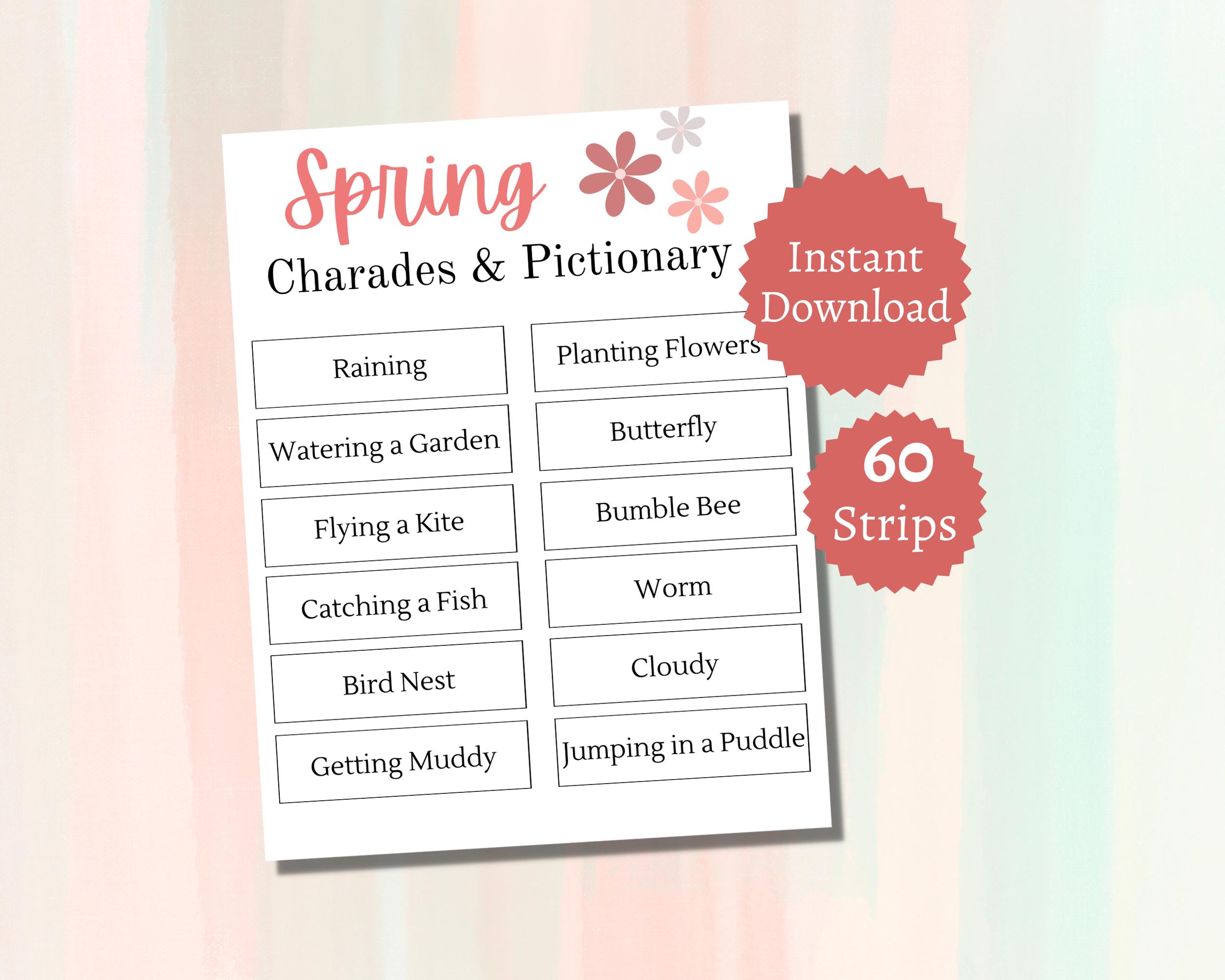 Pictionary Ideas Springtime Spring Charades and Pictionary Cards, Printable Springtime Party Game ...