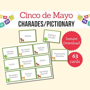 Cartões Pictionary de Cinco de Mayo, jogo de festa para imprimir, charadas mexicanas para crianças, adolescentes e adultos