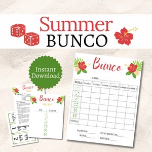 Könnte beinhalten: Druckbare Bunco-Spiel-Punktetabelle im Sommerthema mit tropischem Blumendesign. Das Blatt enthält Platz für Spielername, Wurf, Spielnummer, Gesamtzahl, Buncos, Mini-Buncos, Siege und Niederlagen.