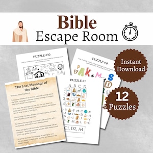 Puede incluir: Un conjunto de rompecabezas de Bible Escape Room, con el texto "Bible Escape Room". La imagen incluye hojas de rompecabezas, las palabras "Descarga instantánea" y "12 rompecabezas".