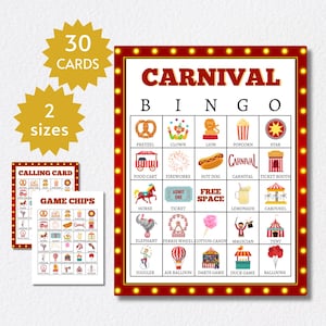 Carnival Bingo Cards, Printable Circus Party Game for Kids, Teens, and Adults, Includes Full and Half Pages