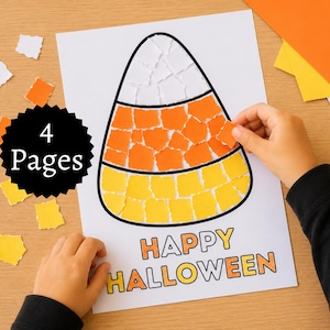 Peut inclure: Une feuille d'activité manuelle présentant le contour d'un bonbon candy corn rempli de morceaux de papier mosaïque blancs, orange et jaunes. Le texte 4 Pages et HAPPY HALLOWEEN est imprimé sur le papier. Des chutes de papier sont éparpillées.