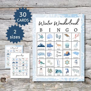 Cartões de Bingo Winter Wonderland, Jogo de Festa de Fim de Ano para Imprimir para Crianças, Adolescentes e Adultos, Atividade Familiar em Grupo Interno, Páginas Inteiras e Meias Páginas