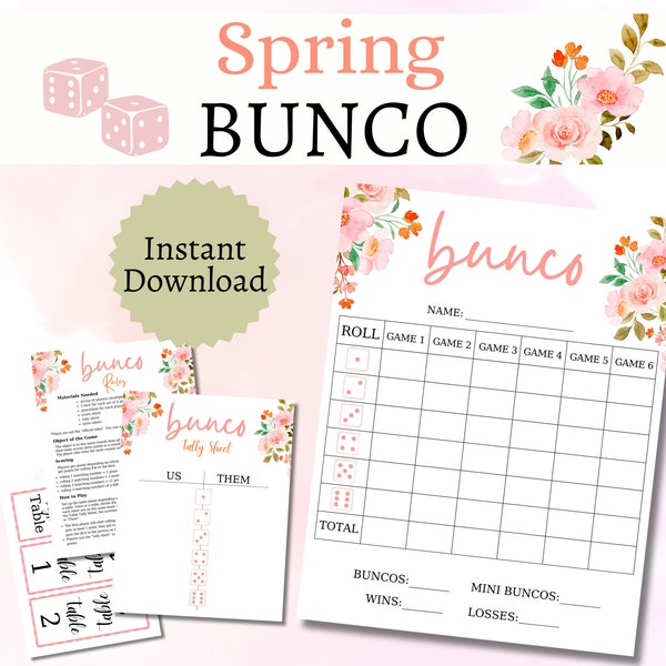 Spring Bunco Cards, Printable Floral Bunco Sheets with Table Markers
