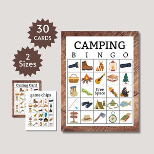 Cartes de bingo de camping, jeu de fête imprimable sur le thème du camp pour enfants, adolescents et adultes, activité estivale, pages complètes et demi incluses