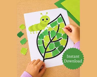 Caterpillar Leaf Craft for Kids, Printable Toddler Activity, Easy Preschool Artwork