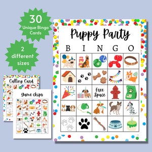 Cartes de bingo pour la fête des chiots, jeu imprimable pour fête d'anniversaire de chien, comprend une page complète et une demi-page, jolie activité sur le thème des animaux
