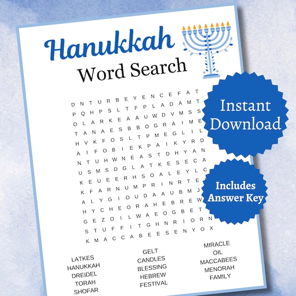 Hanukkah Word Search, Printable Hanukkah Activity, Hanukkah Games