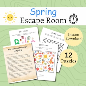 May include: A collection of spring-themed escape room puzzles. The image features several puzzle sheets with colorful illustrations, including a maze, word scrambles, and a message. The title "Spring Escape Room" is displayed with a sun icon and a timer.